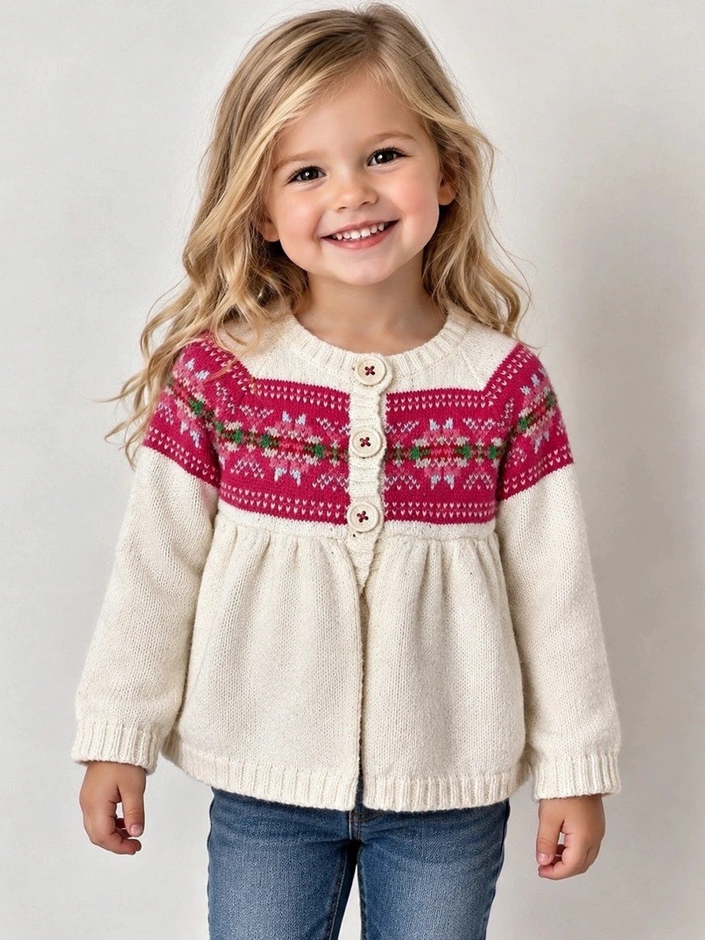 OshKosh B’gosh Girls 3T Cream Pink Fair Isle Knit Button Front Cardigan Sweater